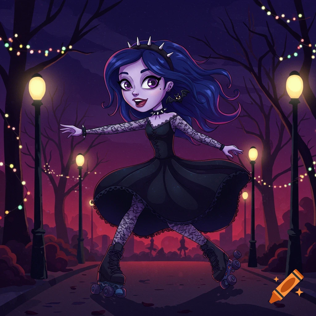 Cartoon goth girl rollerskating in a dark park at night with streetlights and string lights.