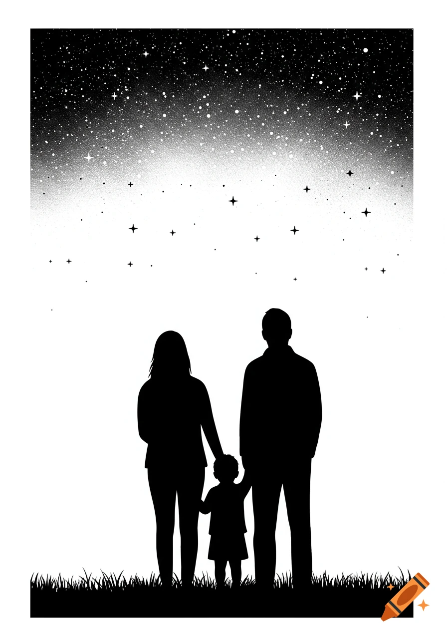 Black and white silhouette of a family, a mother, father, and small child, standing on grass and looking up at a starry night sky.