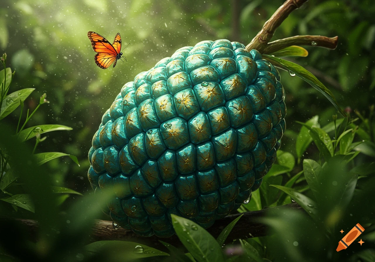 A vibrant teal, scale-covered fantasy fruit with golden patterns rests on a branch in a lush jungle, with an orange butterfly hovering nearby.