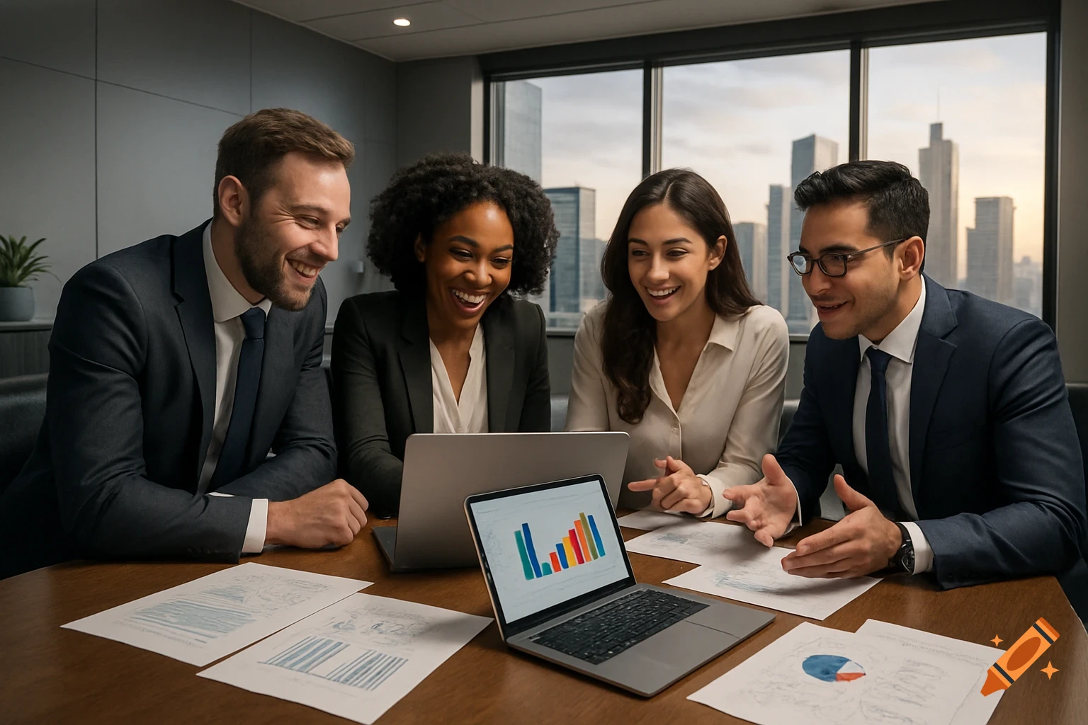 Four diverse business professionals smiling, collaborating around a laptop and documents with charts in a modern office.