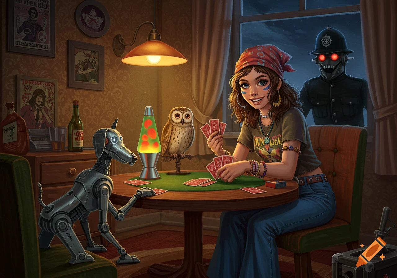 A smiling 1970s rocker girl deals cards to a silver robot dog and an owl, while a sinister robot policeman lurks outside a window at night, in a detailed, illustrative style.