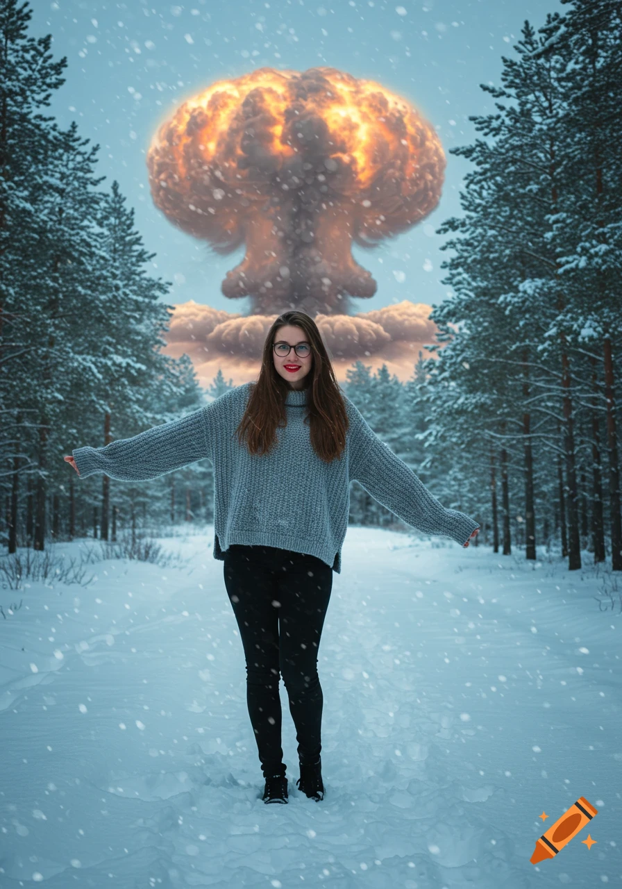 A young woman stands in a snowy forest, arms outstretched, with a large, distant nuclear mushroom cloud in the background. Photorealistic style.