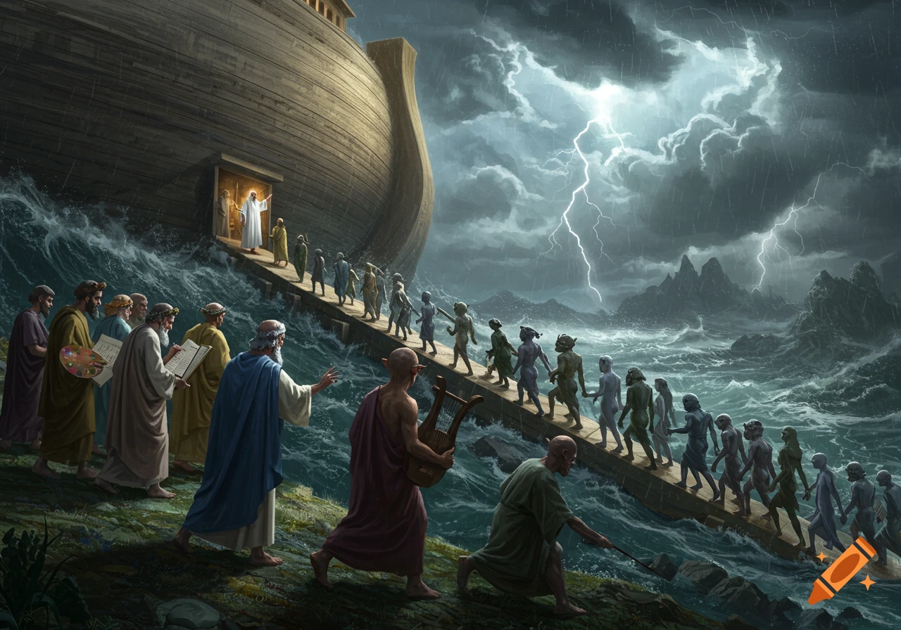 A dramatic illustration of Noah's Ark in a stormy sea with lightning. People and monstrous figures board, while others are turned away.