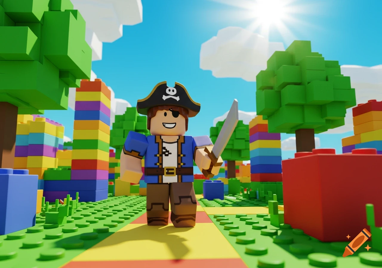 A smiling blocky pirate character with a sword in a vibrant, block-built world under a sunny sky.