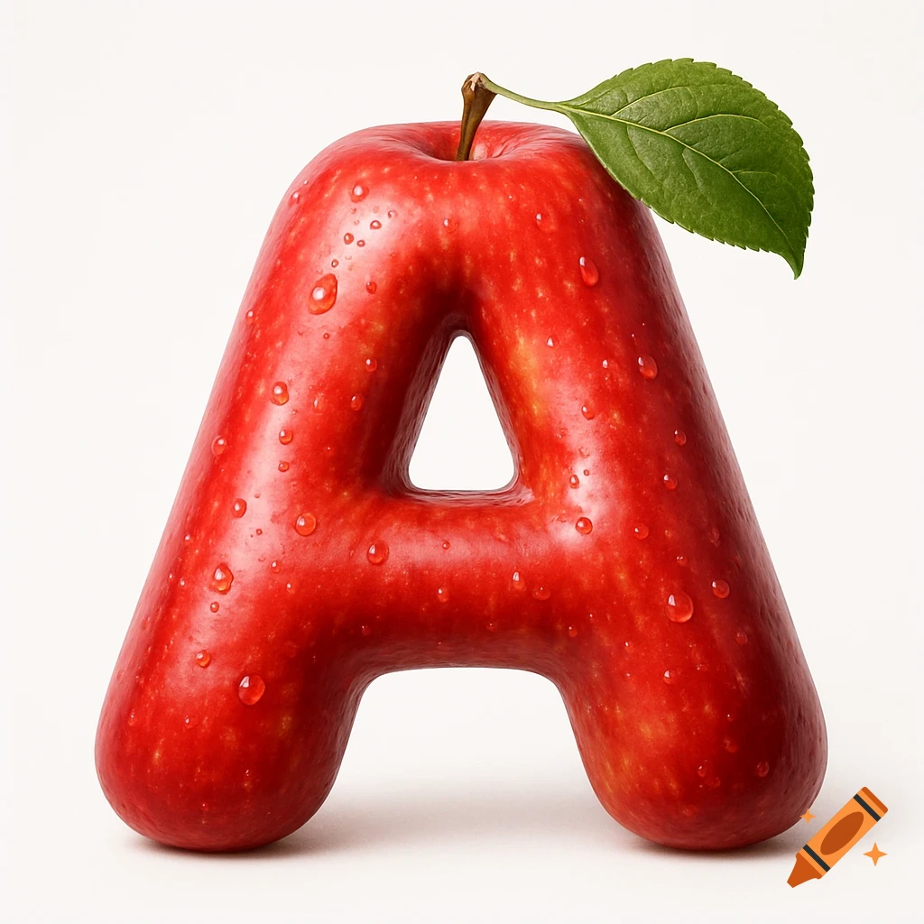 A vivid red apple shaped like the letter A, covered in water droplets, with a stem and a green leaf on top.
