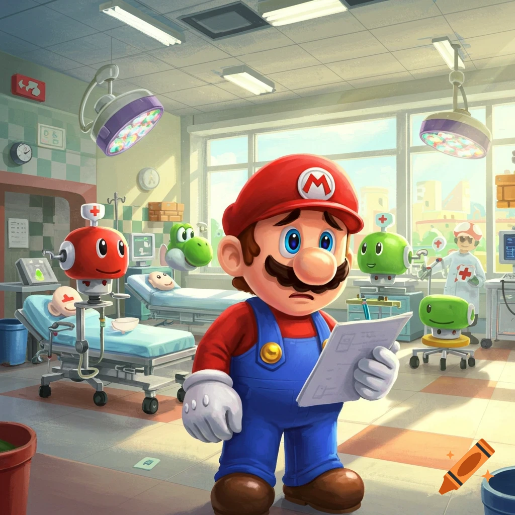 Worried Mario stands in a hospital, holding a document, with Yoshi, Toads, and medical robots around him in a cartoon style.