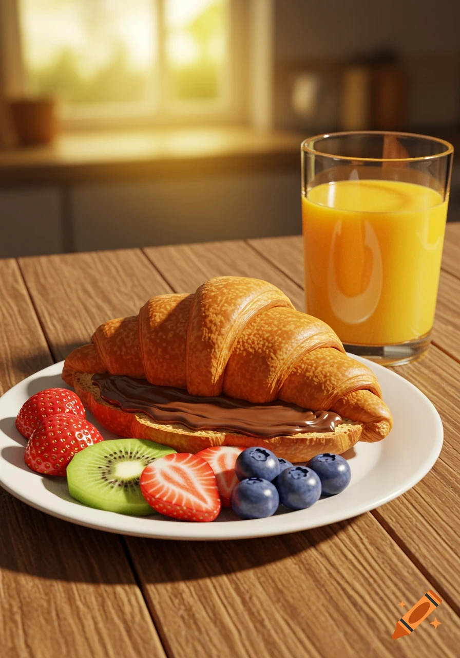A photorealistic image of a croissant with chocolate spread, strawberries, kiwi, blueberries, and orange juice on a wooden table.