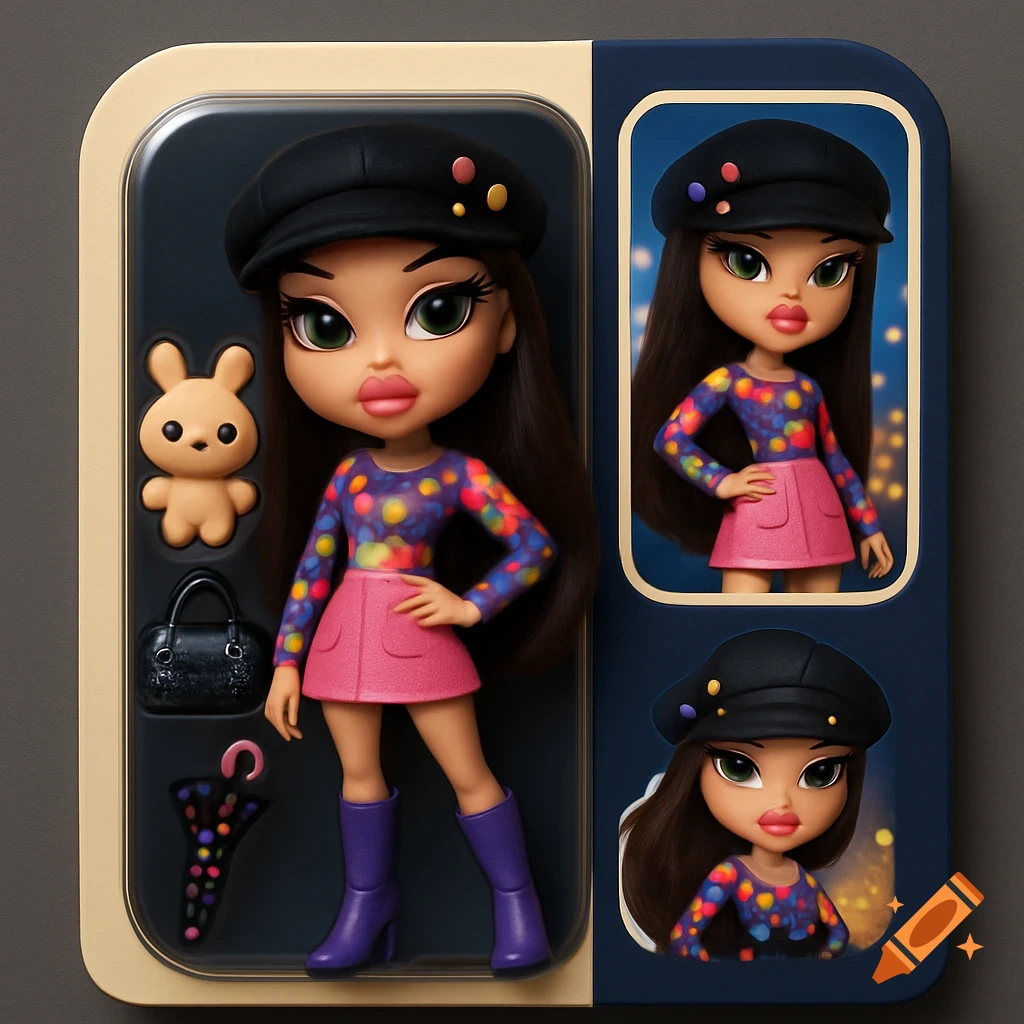 A Bratz-style doll with purple boots, a pink skirt, and a colorful top, packaged with a plushie, handbag, and umbrella, in a stylized 3D render.