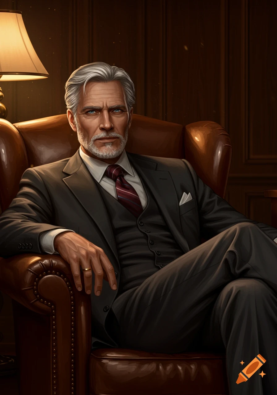 A distinguished man with gray hair and beard, wearing a dark suit, vest, and striped tie, sits in a brown leather armchair under a warm lamp light, looking directly forward. The art style is a detailed digital painting.