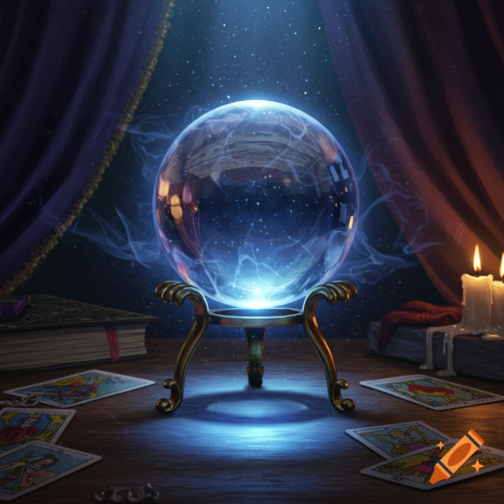 A glowing blue crystal ball on a golden stand, surrounded by tarot cards, old books, and lit candles on a wooden table, with dark drapes in the background.