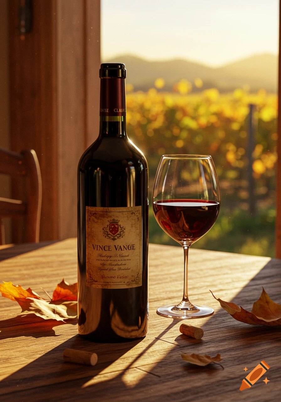 A bottle of red wine and a glass of red wine on a wooden table with autumn leaves, overlooking a sunny vineyard.