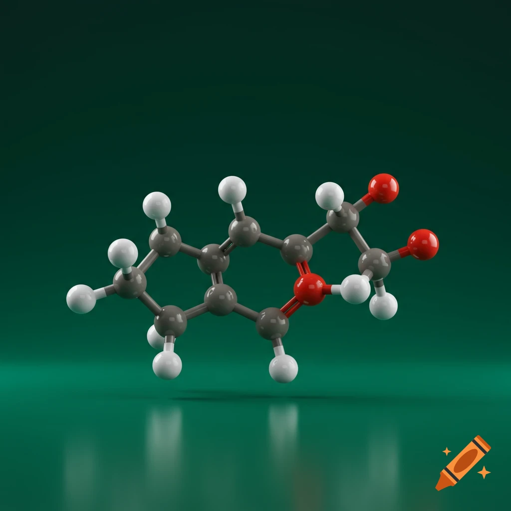 A 3D ball-and-stick model of a chemical molecule with grey, white, and red atoms, on a reflective dark green surface.