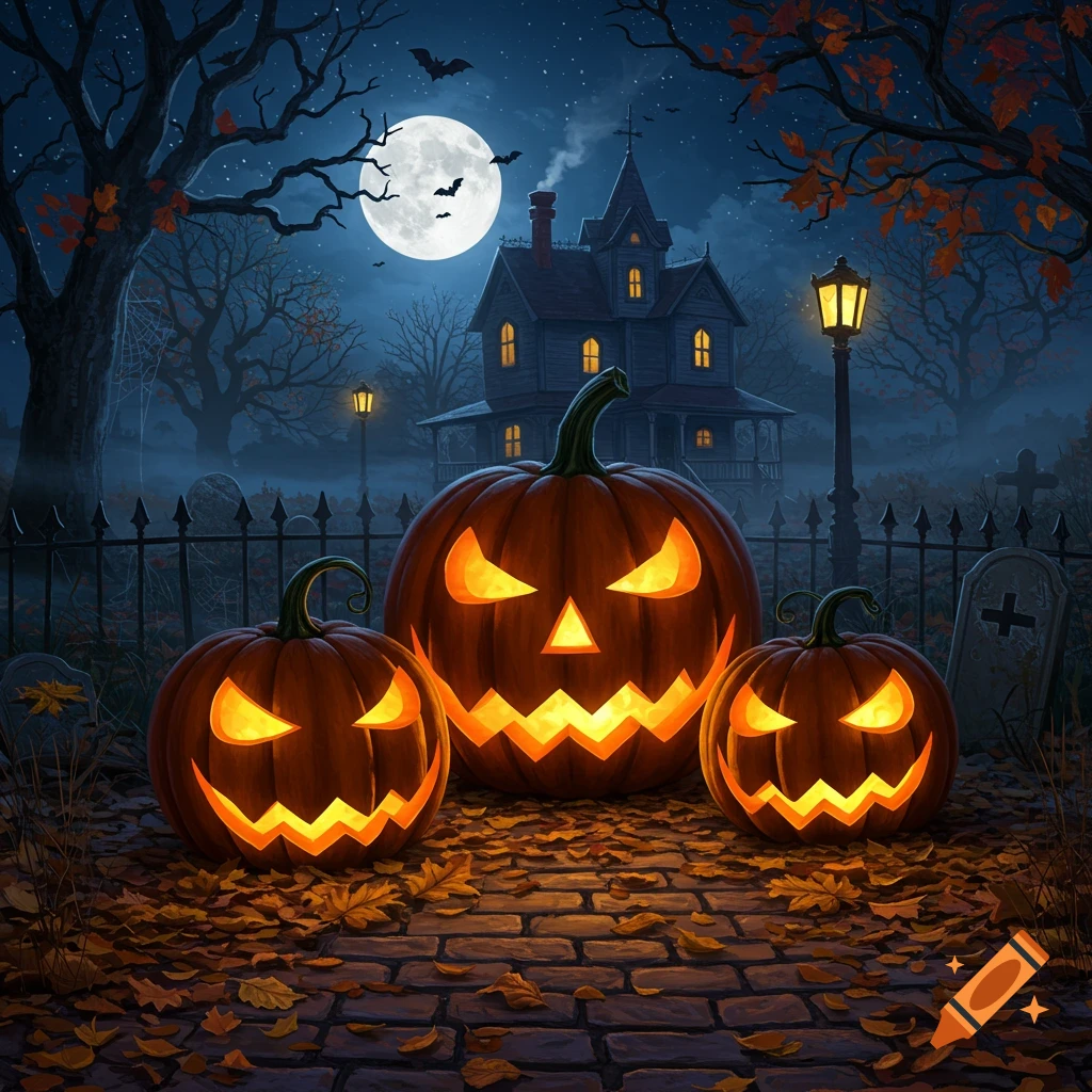 Three glowing jack-o'-lanterns on a cobblestone path with autumn leaves in front of a haunted house under a full moon and flying bats.