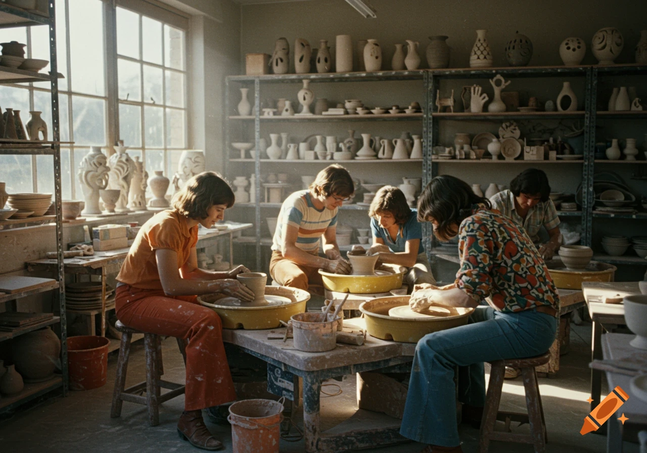Several people in a 70s pottery studio focus on shaping clay on wheels, surrounded by shelves filled with ceramic art.