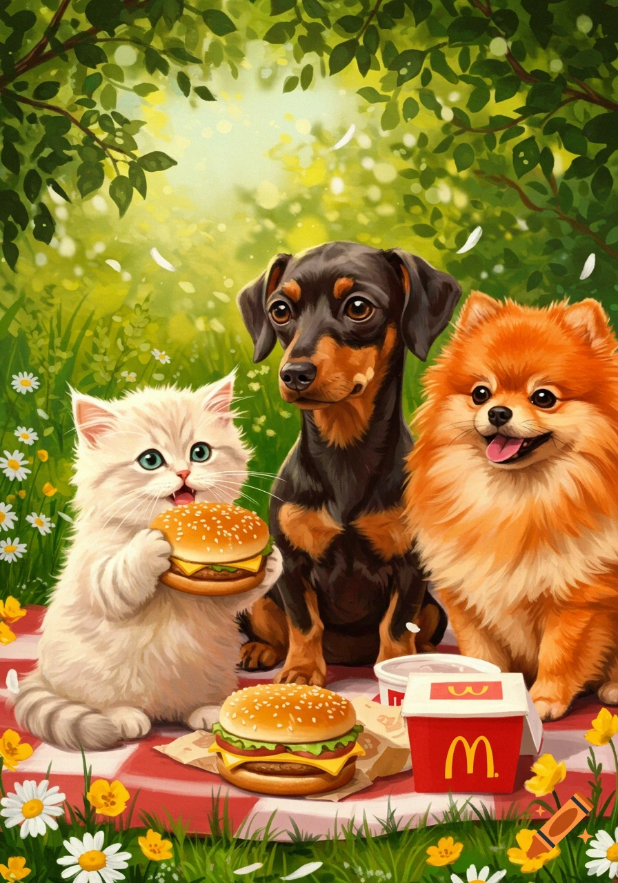 A fluffy white kitten eating a hamburger, a dachshund, and a Pomeranian dog having a picnic with hamburgers from McDonald's on a red and white checkered blanket in a sunny garden.