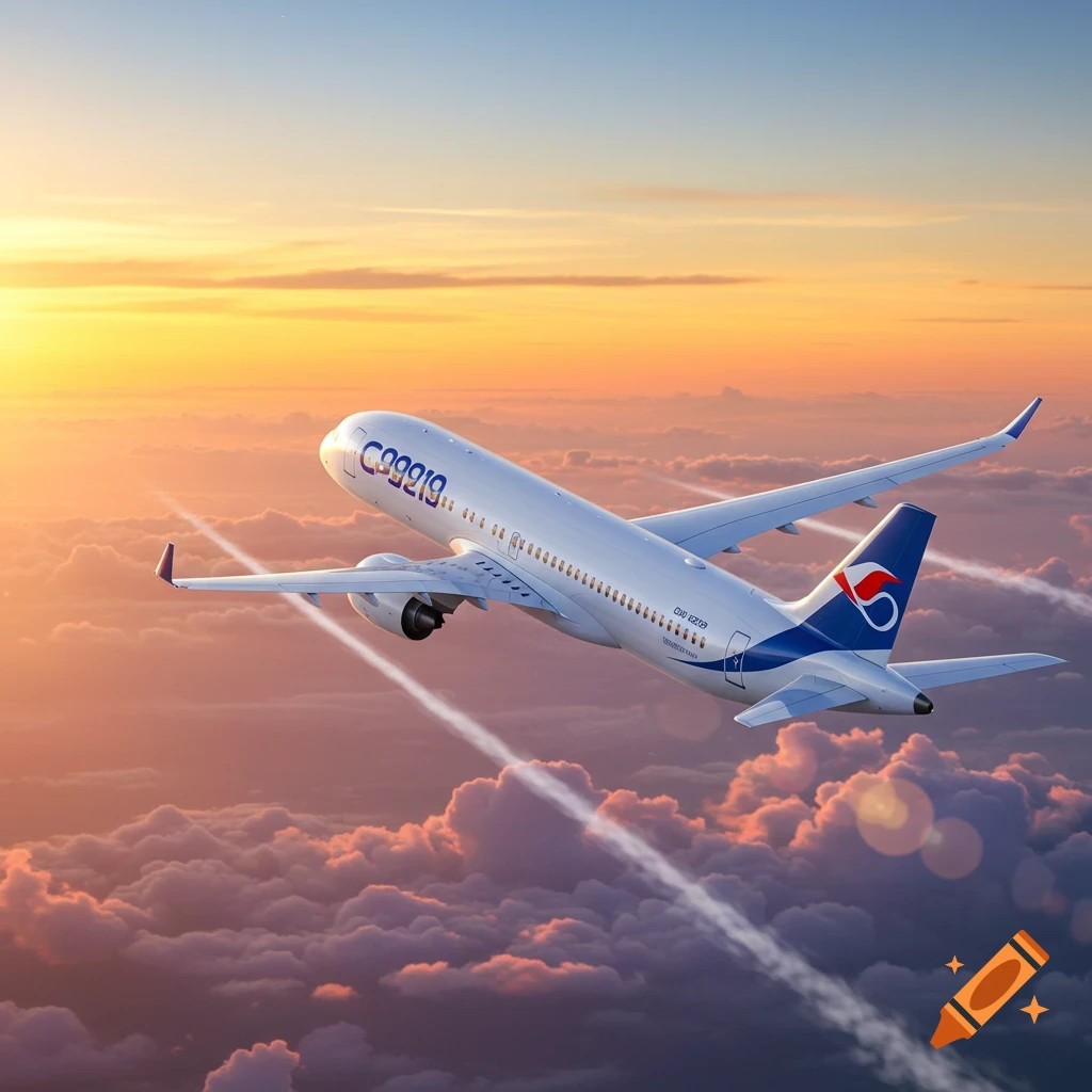 A white airplane with blue and red markings flies above a sea of clouds during a golden sunset, leaving contrails.