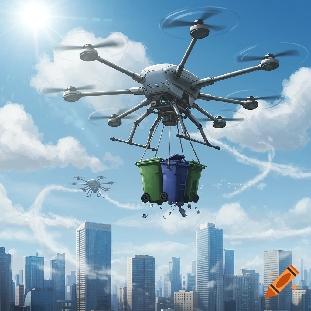 A large drone carries three overflowing trash bins over a city skyline with another drone in the distance.
