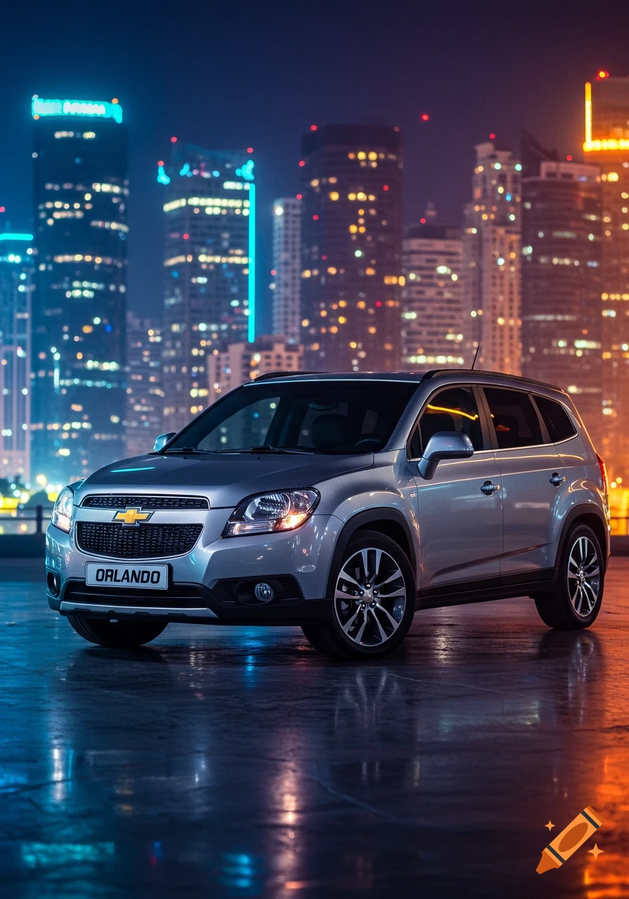 A silver Chevrolet Orlando SUV parked on a wet street at night with a blurred cityscape background.