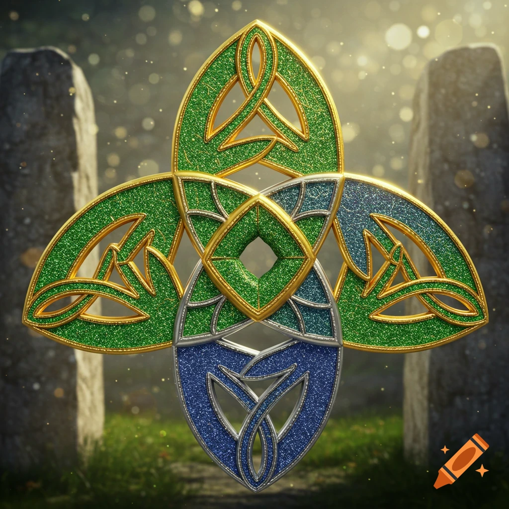 A sparkling green and blue Celtic knot symbol with gold and silver accents against a softly lit, blurred background with standing stones.