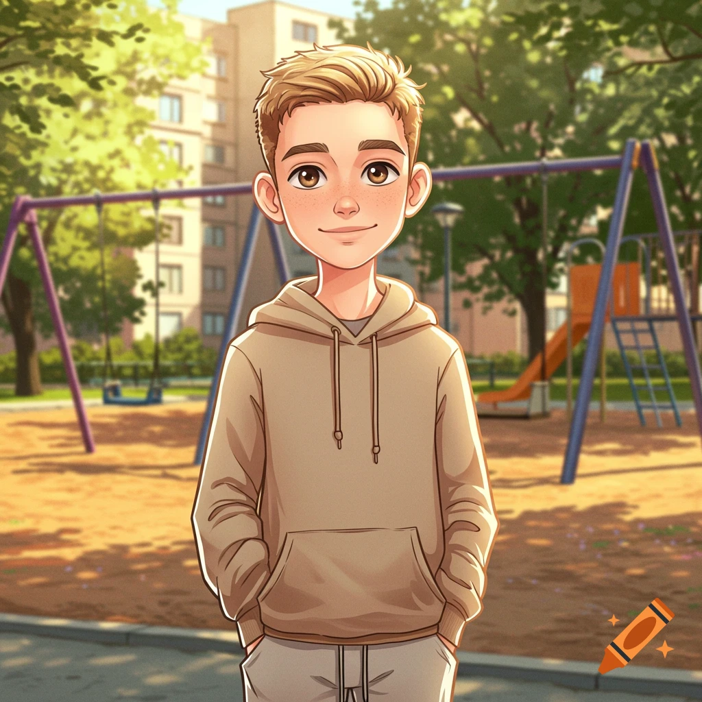 A cartoon boy with blond hair and brown eyes stands smiling in a sunny playground with swings and a slide in the background.