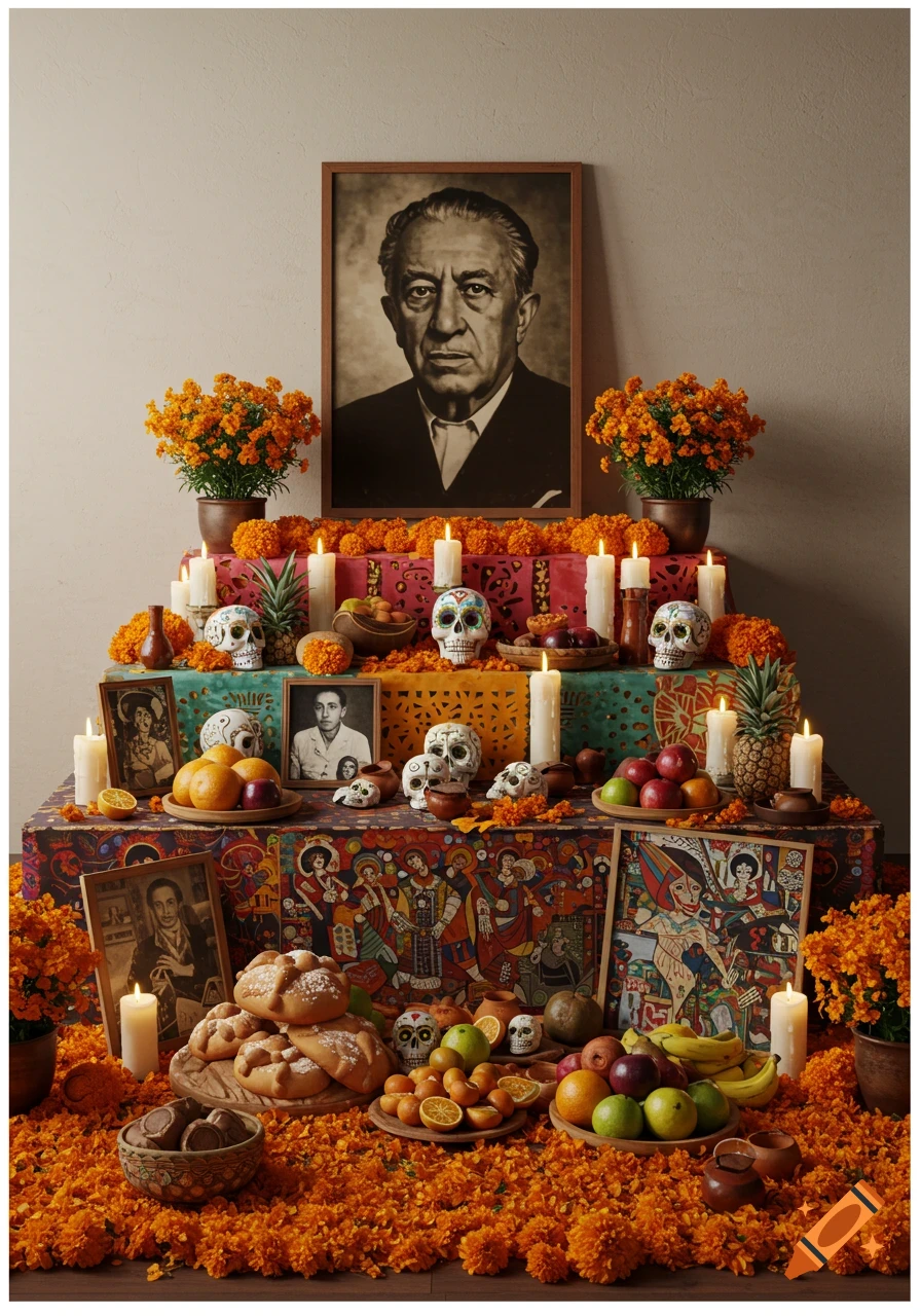 Vibrant tiered Day of the Dead altar adorned with marigolds, candles, sugar skulls, fruits, bread, and framed portraits, including a prominent one of a man. Photorealistic.