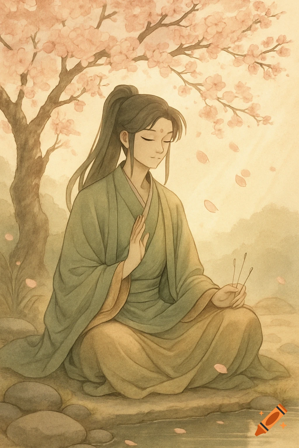 Anime-style person in green robes meditating under a cherry blossom tree with falling petals by a stream, in watercolor.