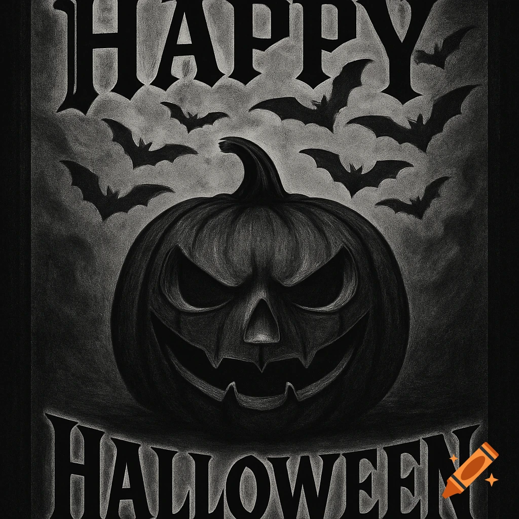 A black and white charcoal drawing of a scary jack-o'-lantern surrounded by flying bats, with "HAPPY HALLOWEEN" text.