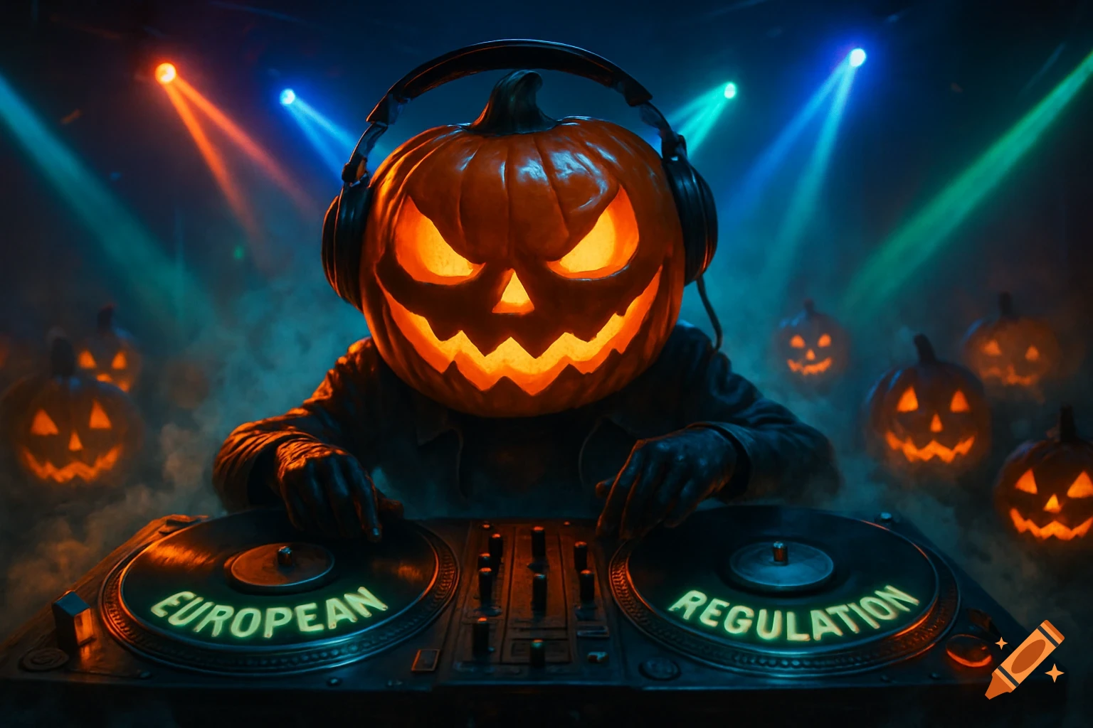 A spooky, glowing jack-o'-lantern DJ wearing headphones, scratching records labeled "European" and "Regulation" amidst smoke and spotlights.