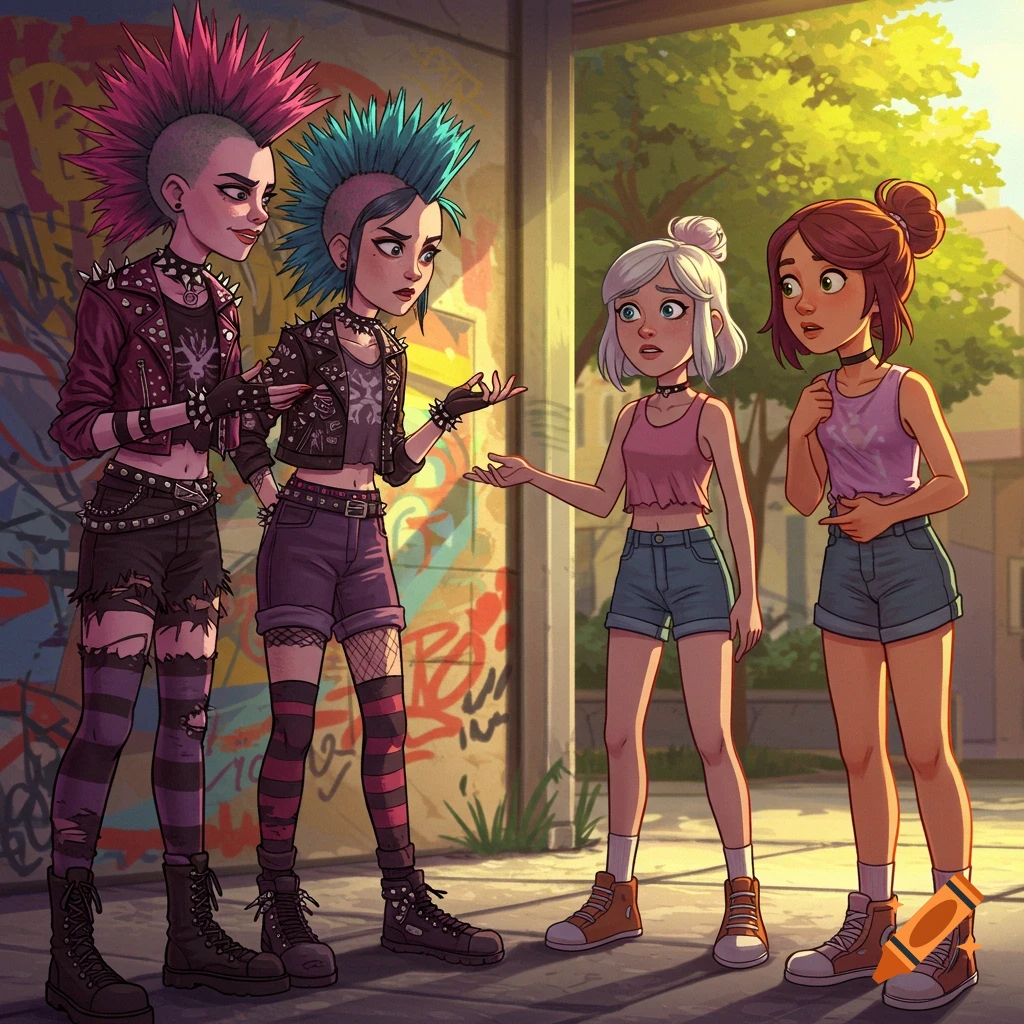 A cartoon illustration of two punk girls with colorful mohawks talking to two casually dressed girls on a sunny street with graffiti.