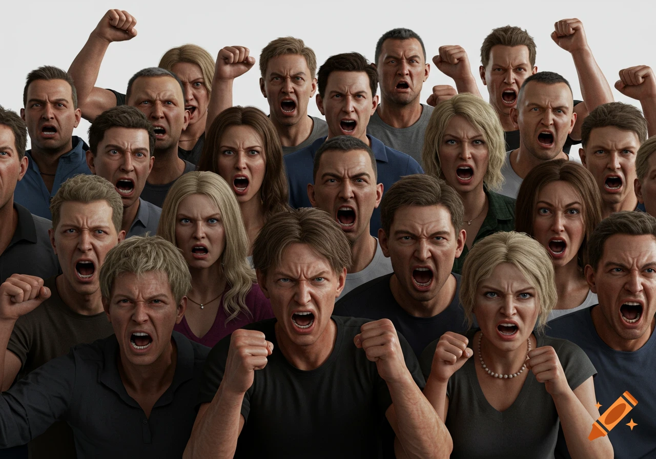 A photorealistic image of a dense crowd of angry white people, male and female, shouting and clenching their fists against a plain white background.