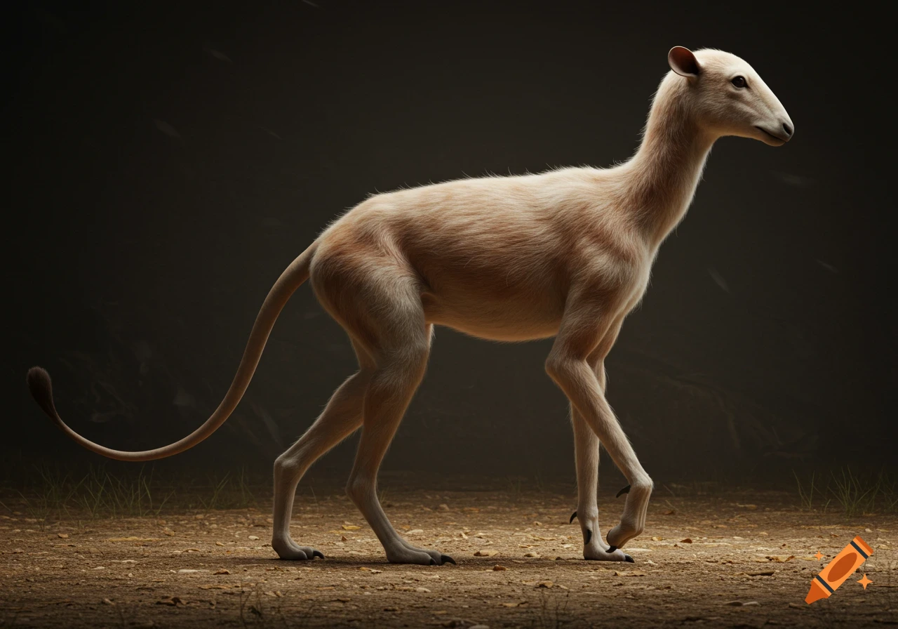 A photorealistic depiction of a pale, slender, four-legged creature with a long tail standing in profile on dirt against a dark background.