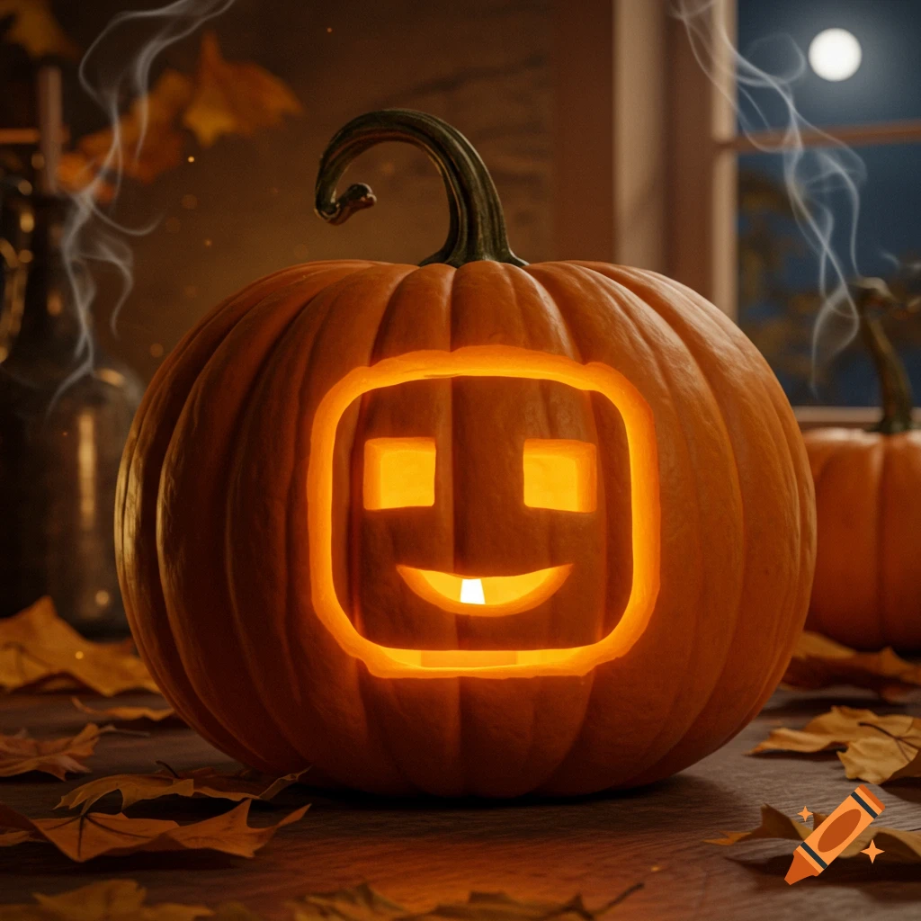 A glowing carved pumpkin with a cheerful Lego-style face sits on a wooden surface with autumn leaves and smoke, against a night sky with a full moon.