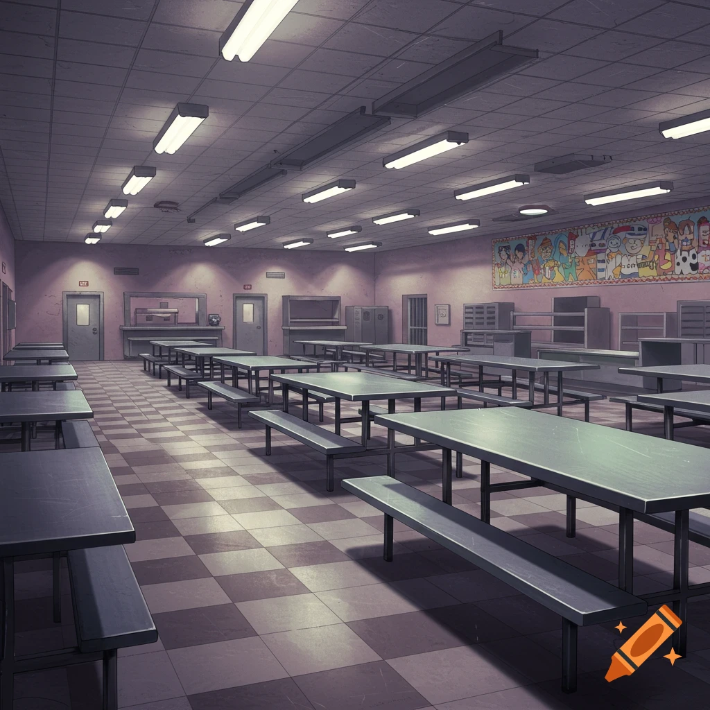 An empty, dimly lit, cartoon-style prison cafeteria with rows of long tables and benches, and a colorful mural on the back wall.
