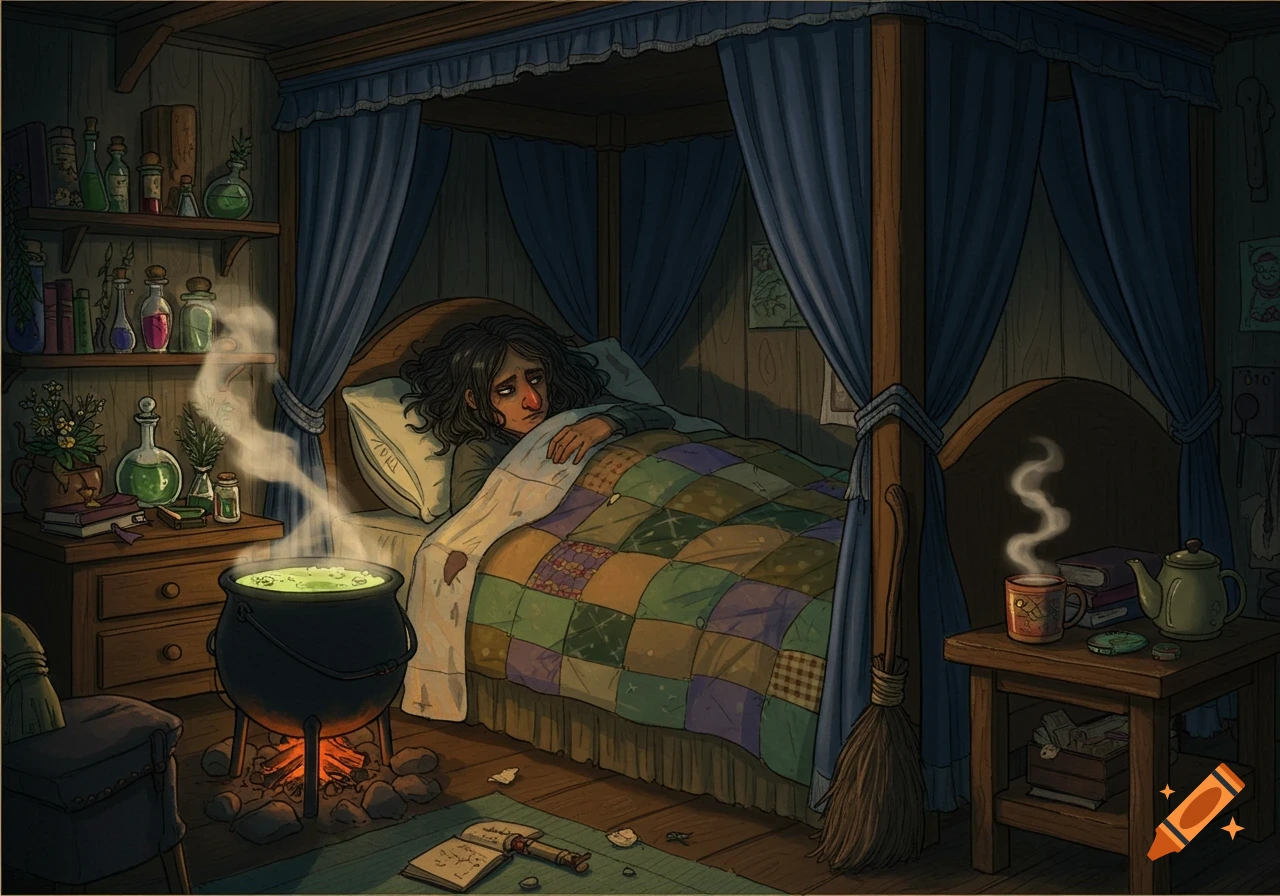 An ill witch with messy hair lies in a four-poster bed with a patchwork quilt, a steaming cauldron on the floor, and shelves of potions in a dark, cozy room. Illustrated.