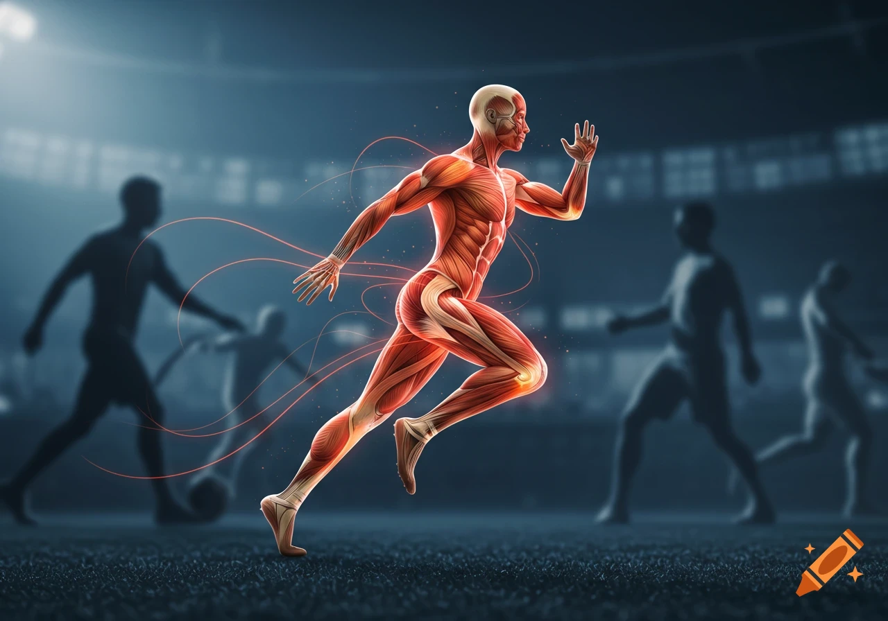 Photorealistic illustration of a human muscular system figure sprinting on a sports field, with glowing energy lines and blurred background athletes.