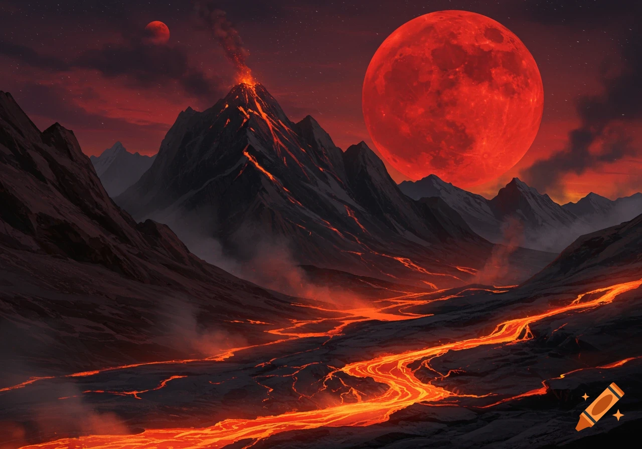 A fiery mountain landscape under a blood-red sky with an erupting volcano and rivers of molten lava flowing through dark terrain.