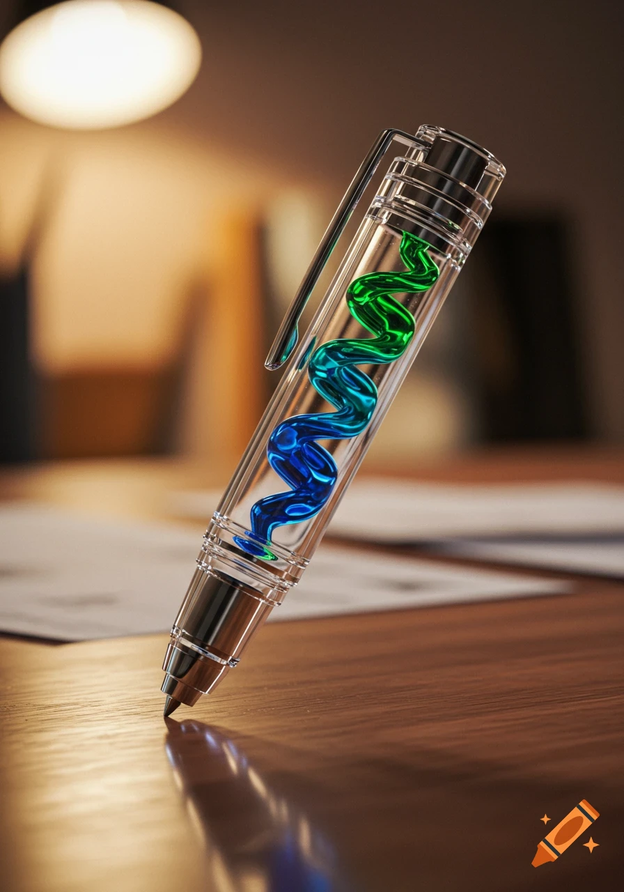 A close-up shot of a transparent pen with swirling blue and green liquid ink, resting on a wooden desk.