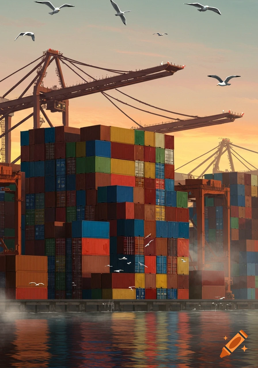 A stylized image of a bustling port at sunset with colorful shipping containers stacked high, large cranes, and seagulls flying over calm water.