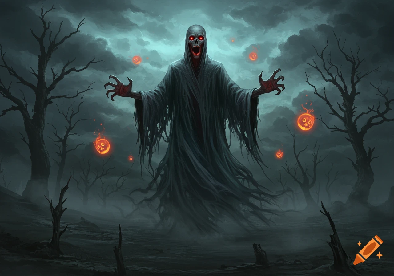 A terrifying skeletal ghost with glowing red eyes and tattered robes stands in a dark, misty, barren forest with floating flaming skull orbs.