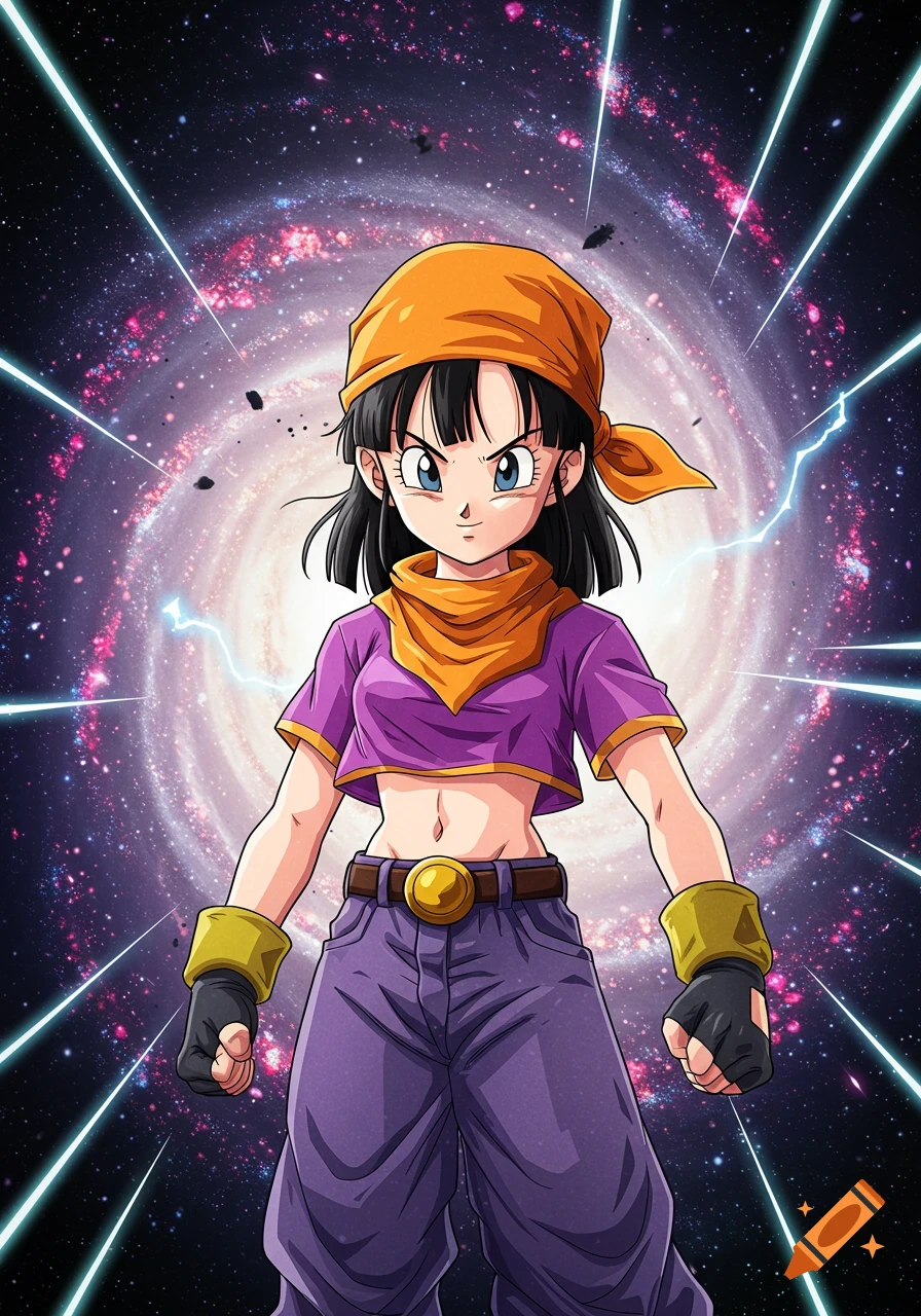 Pan from Dragon Ball Z stands in a purple crop top and pants, an orange bandana on her head, against a swirling galaxy with light streaks.