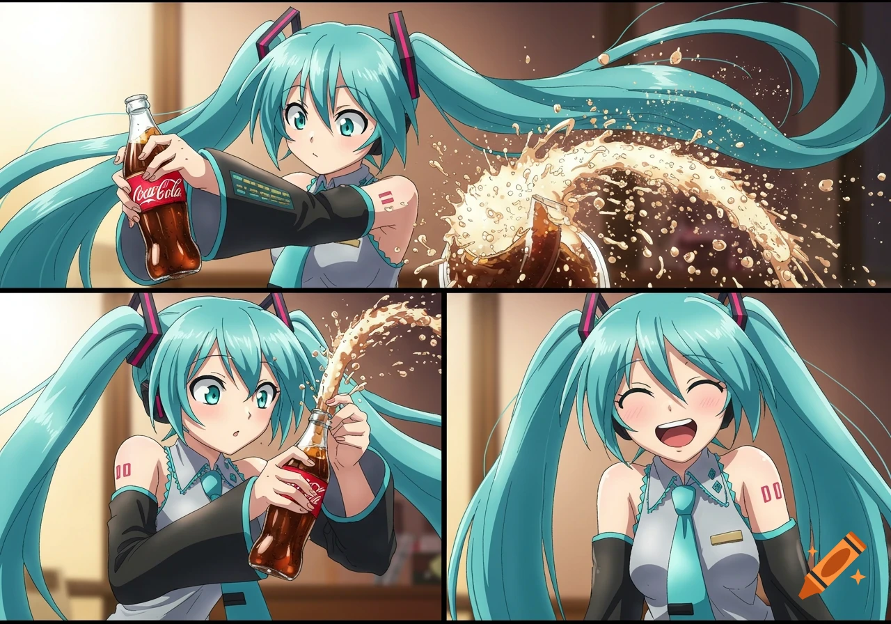 Anime-style comic of Hatsune Miku opening a Coca-Cola bottle, getting sprayed, and then smiling broadly.