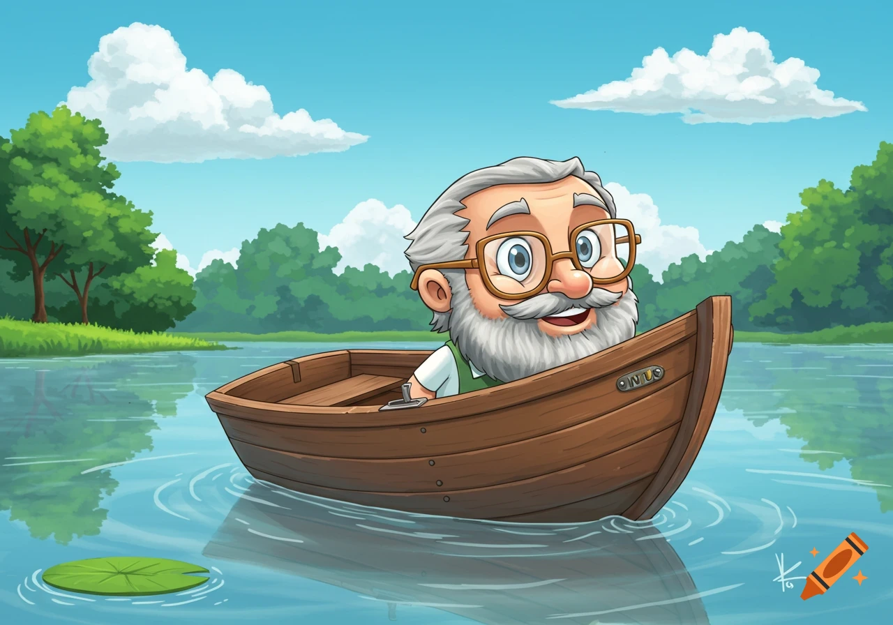 A cheerful cartoon man with gray hair and glasses floats in a wooden boat on a sunny lake surrounded by trees.