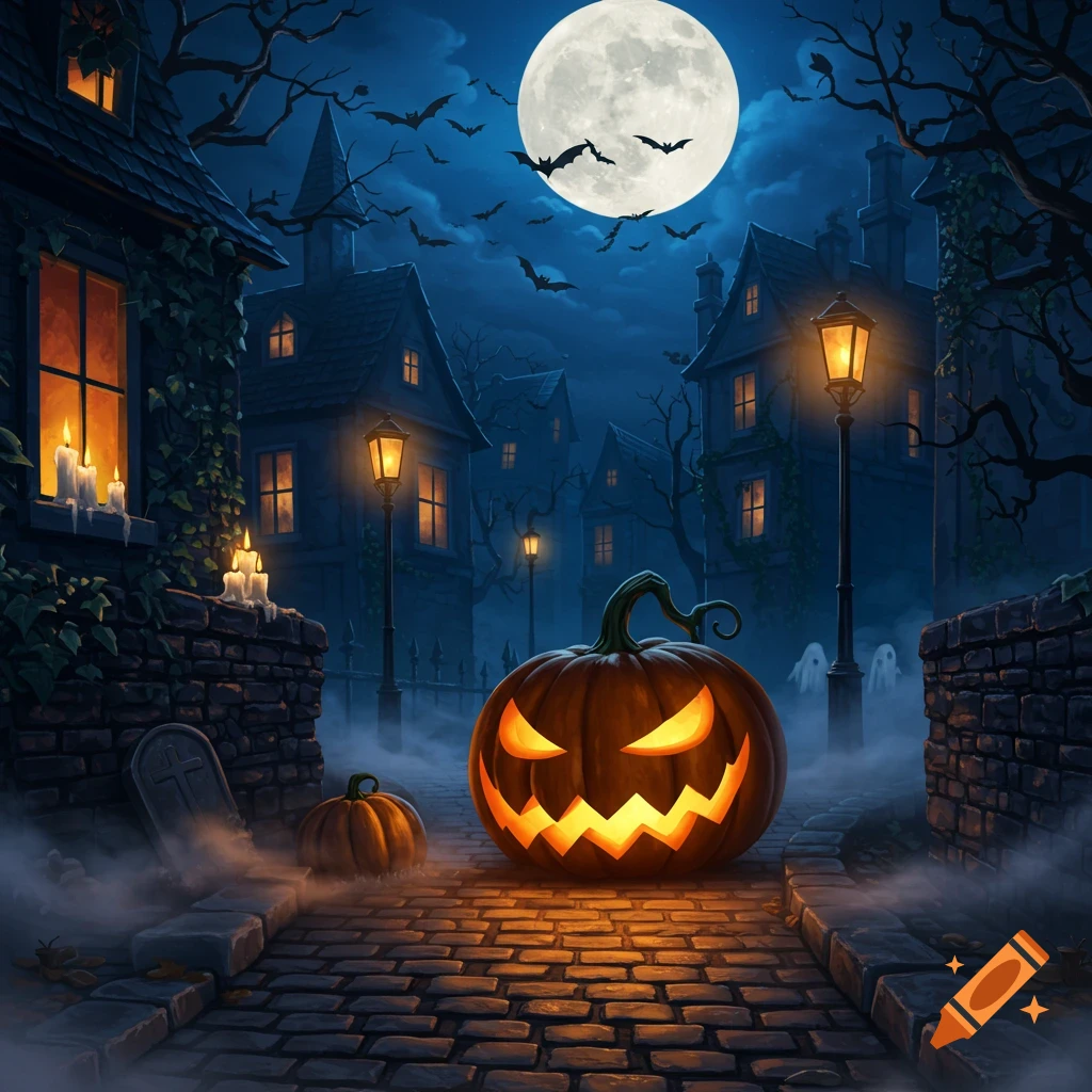 A large glowing jack-o'-lantern on a cobblestone street in a spooky Halloween town with old houses, bats, and a full moon.