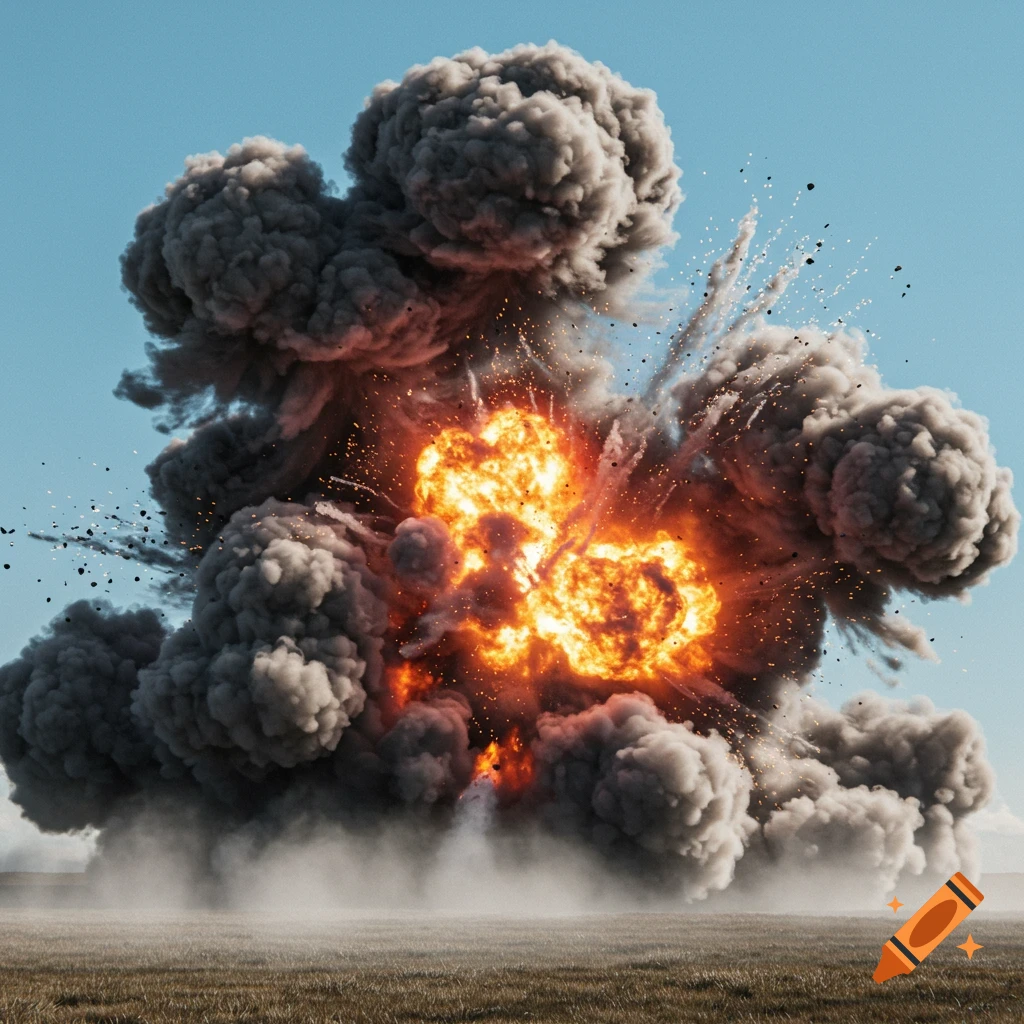 A photorealistic large explosion with orange flames and dark smoke in a field under a clear blue sky.