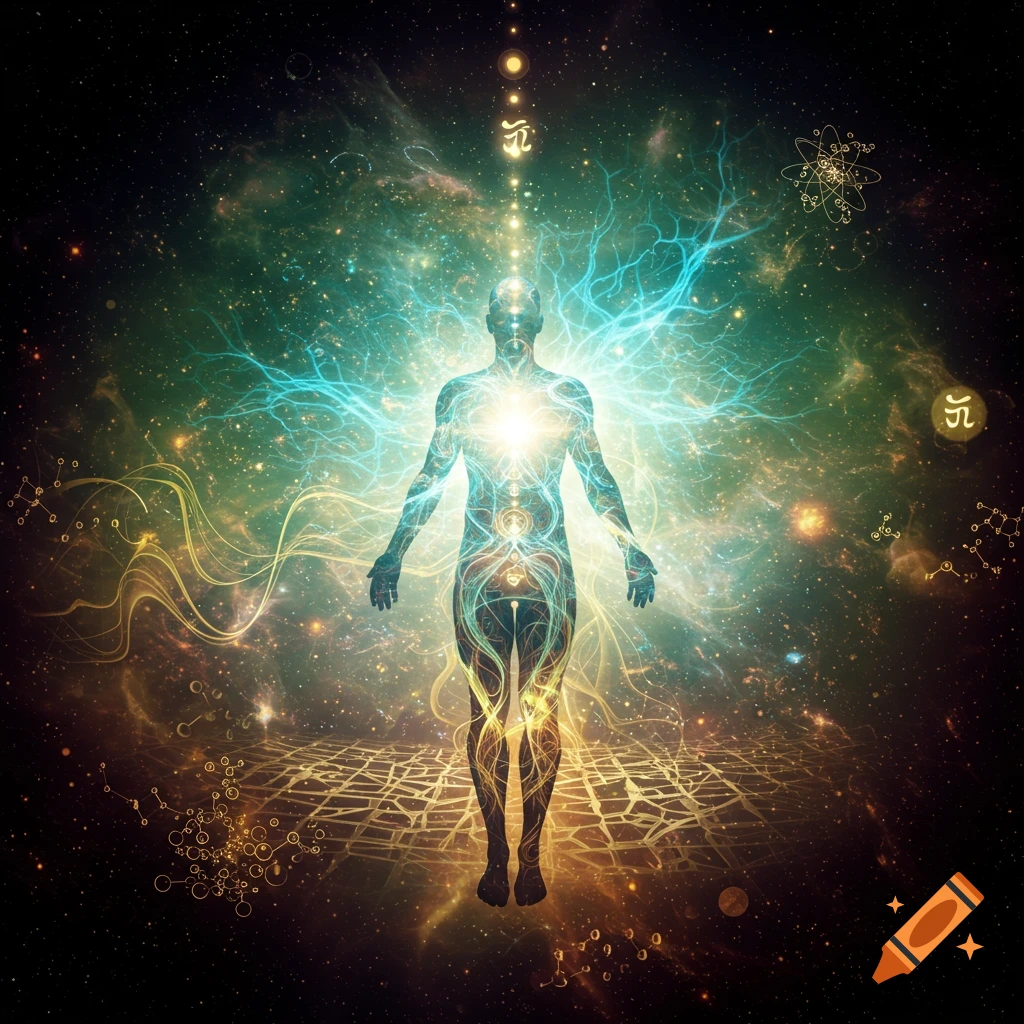 A glowing ethereal human silhouette stands amidst a vibrant cosmic nebula, radiating energy, surrounded by abstract scientific and spiritual symbols.