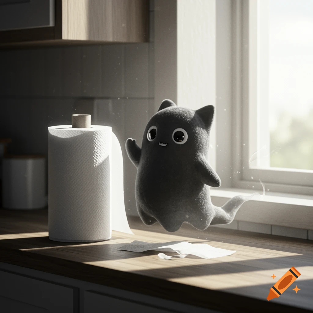 A cute, dark gray, cat-like ghost floats and waves next to a white paper towel roll on a wooden kitchen counter, bathed in sunlight.