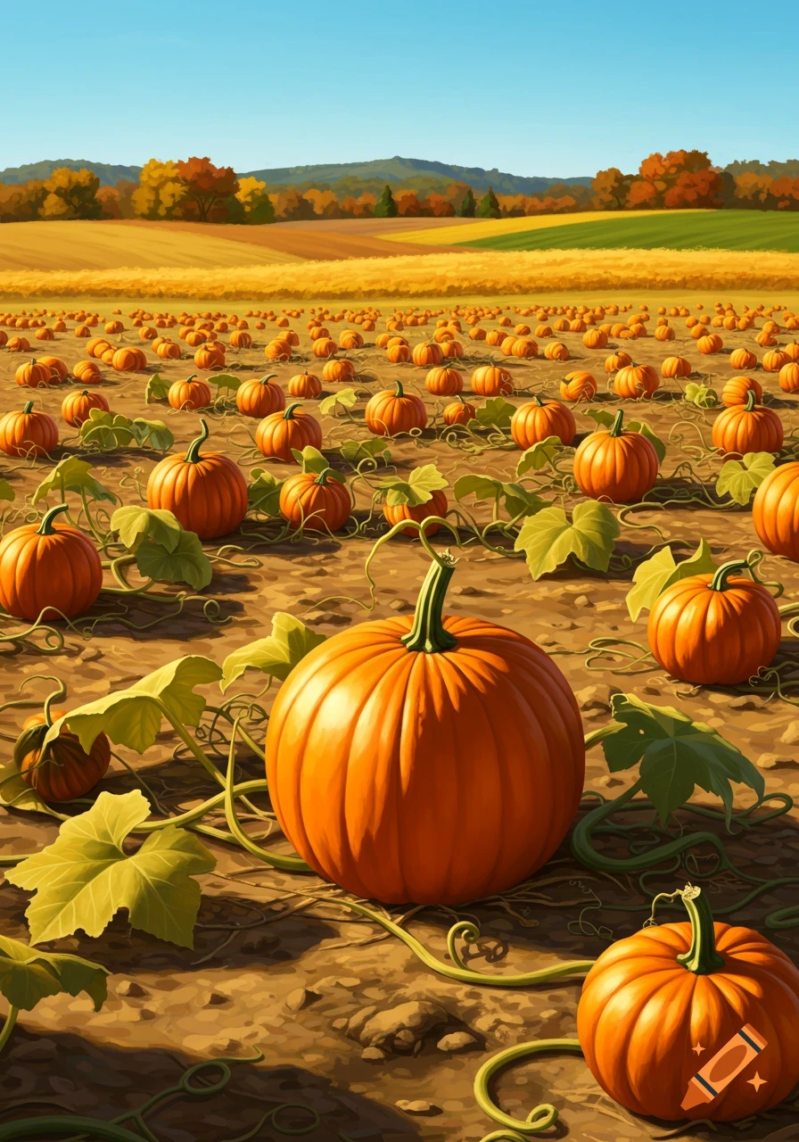 An illustrated field of orange pumpkins and green vines under a clear blue sky, with autumn fields and colorful trees in the background.