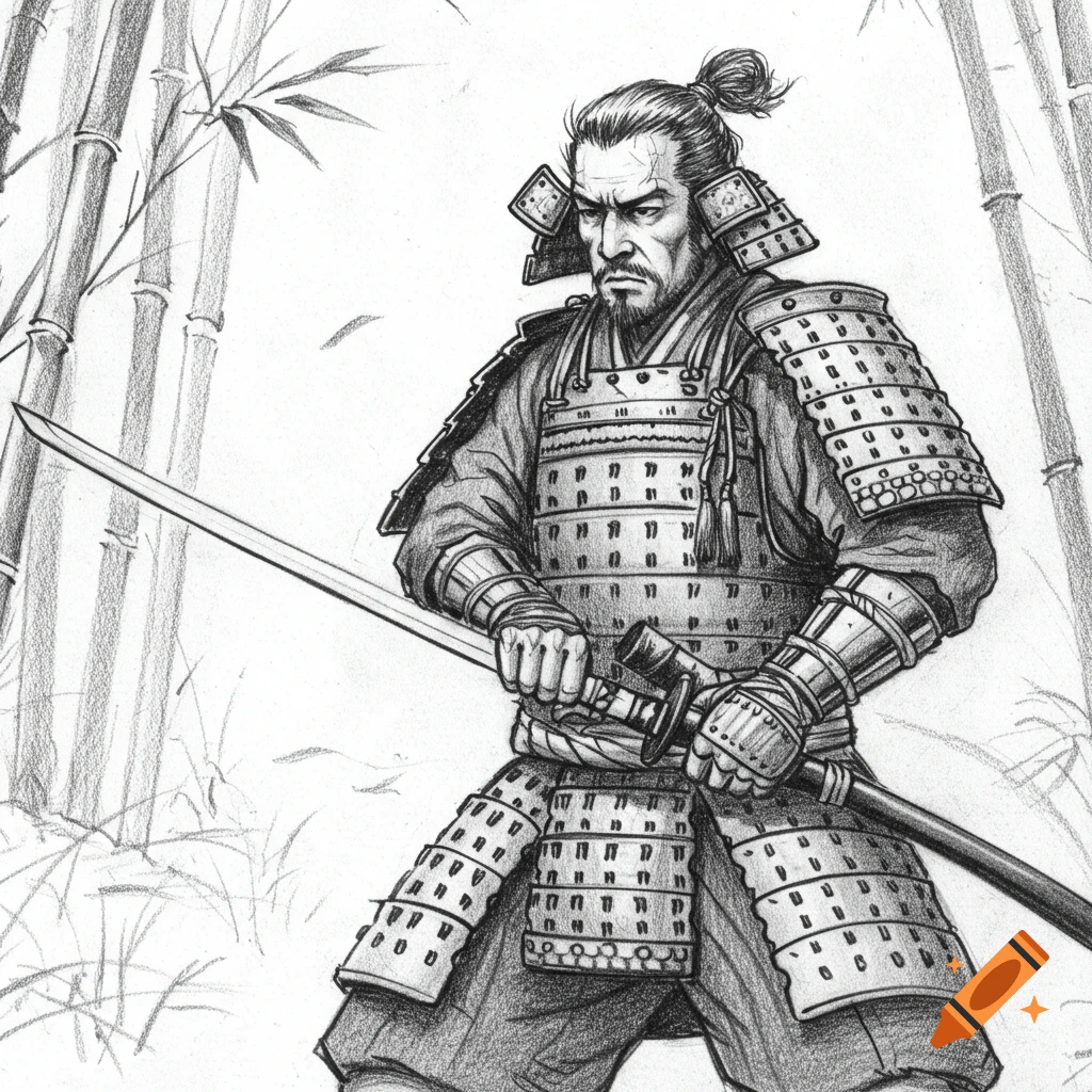 A pencil drawing of a samurai in armor holding a katana, standing in a bamboo forest.