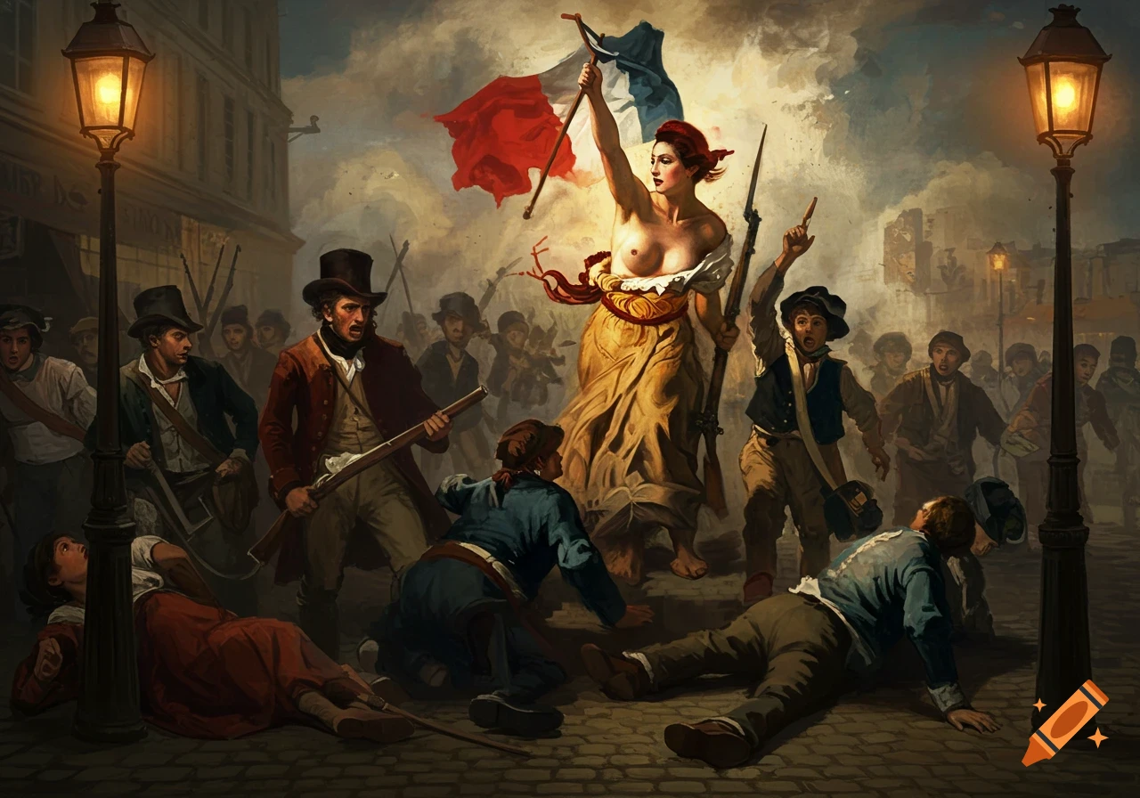 A painted scene of Liberty, a bare-chested woman, holding a French flag and rifle, leading revolutionaries through a city street with fallen figures.