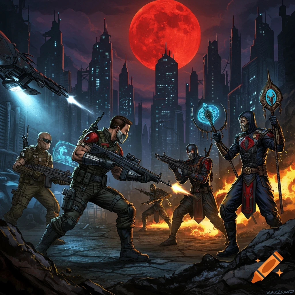 Stylized illustration of G.I. Joe soldiers battling Cobra cult members in a futuristic city under a red moon.